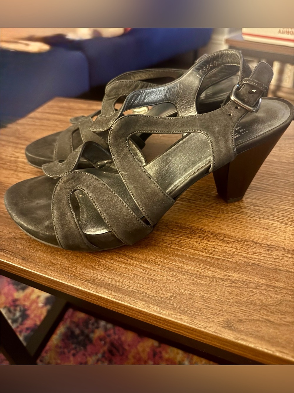 Stuart Weitzman Black Suede Strappy Block Heel Sandals 7.5